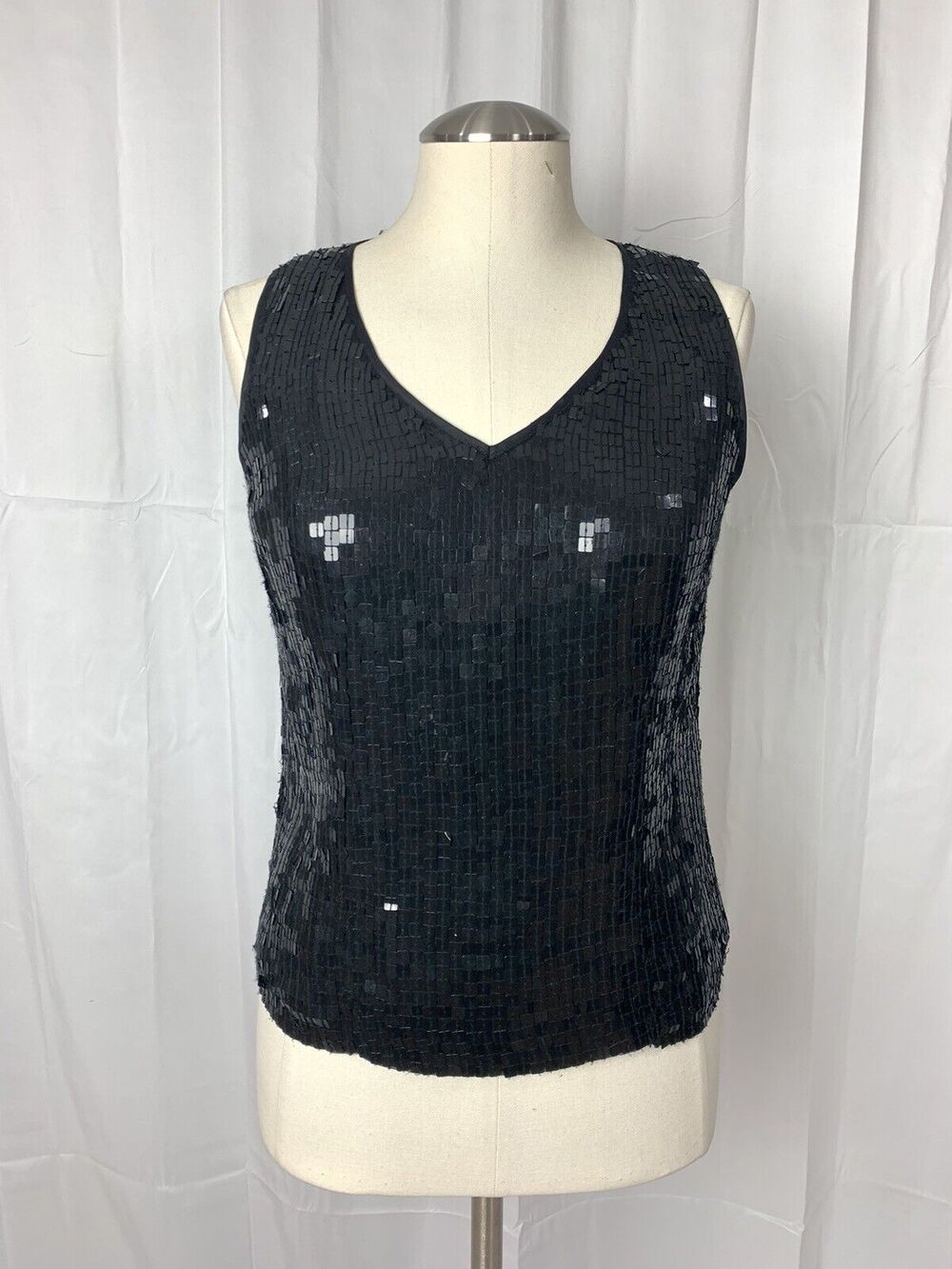 Vintage Alfani Black Sequin Embellished V Neck Sleeveless Top Lined Small Glam